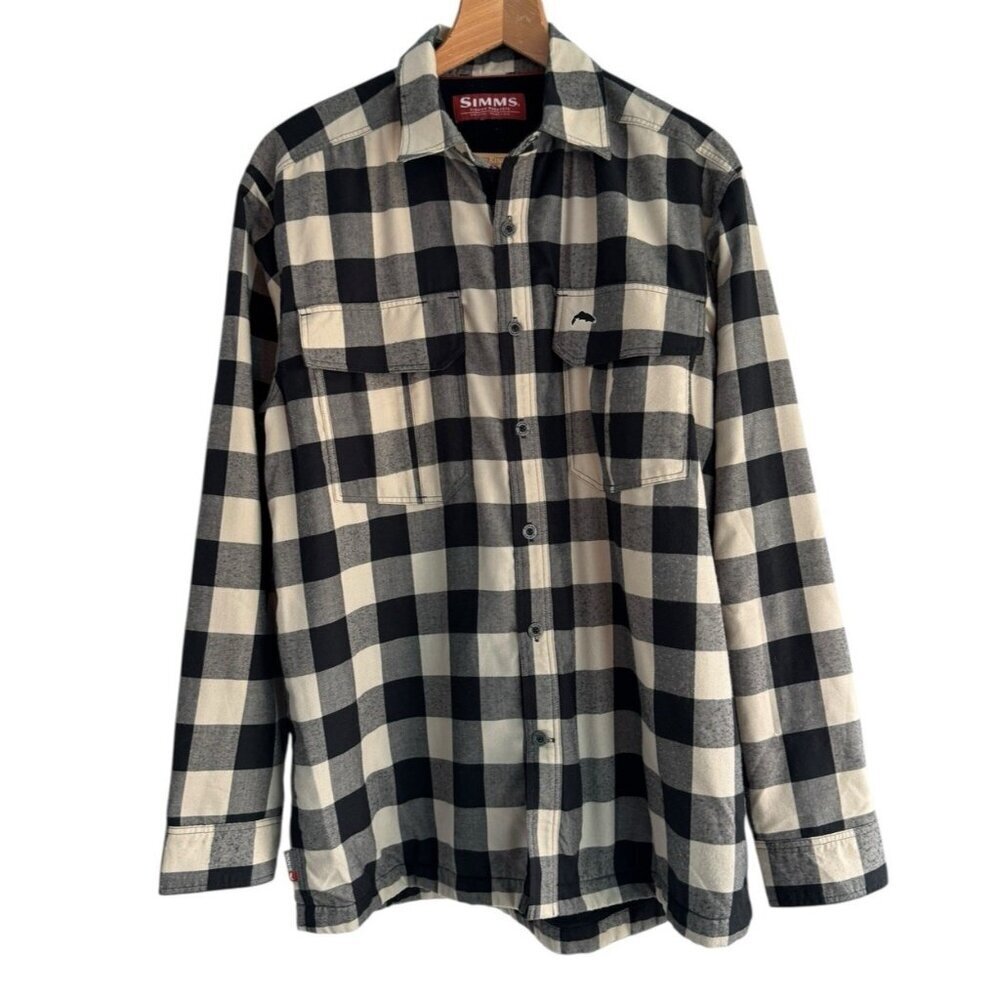 Simms Fishing Coldweather Shirt Men's M Black Cream Flannel Thermal Waffle Lined